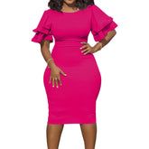 Round Neck Ruffle Bodycon Midi Dress